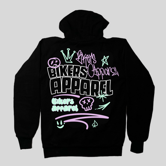 Armoured hoodie, motorcycle hoodie with armour, motorbike armoured hoodie, black hoodie, graffiti, back