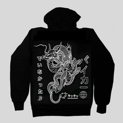 Black hoodie with white dragon design and text on the back against a light gray background