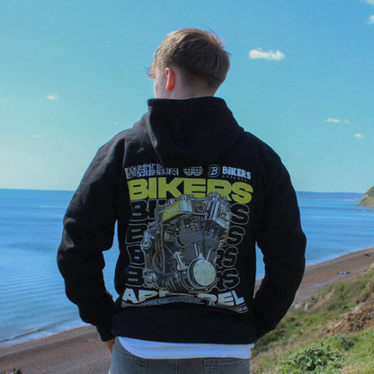 Armoured hoodie, Motorcycle hoodie with armour, motorbike armoured hoodie, black hoodie, yellow engine, back, beach background, model 